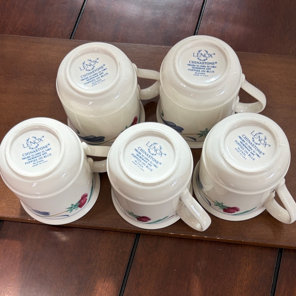 LENOX Chinastone, Poppies on Blue Floral Pattern Ceramic 5 Piece Mug Set - Picture 14 of 17